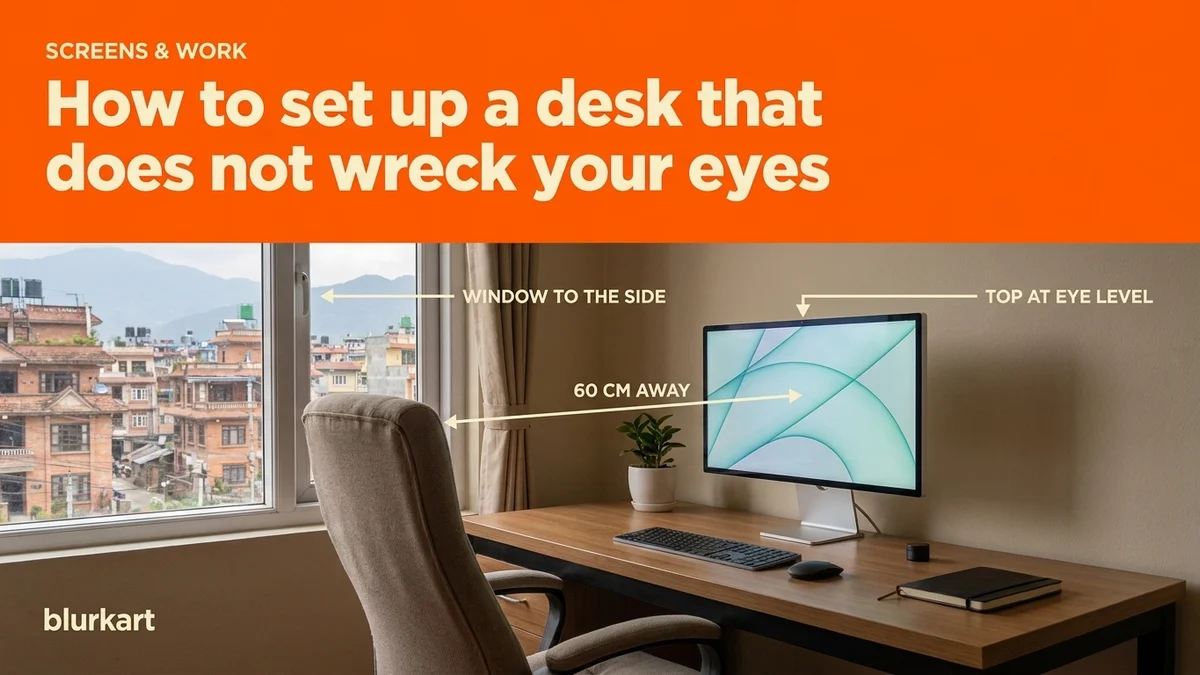 Desk setup for eye strain: six fixes that cost nothing