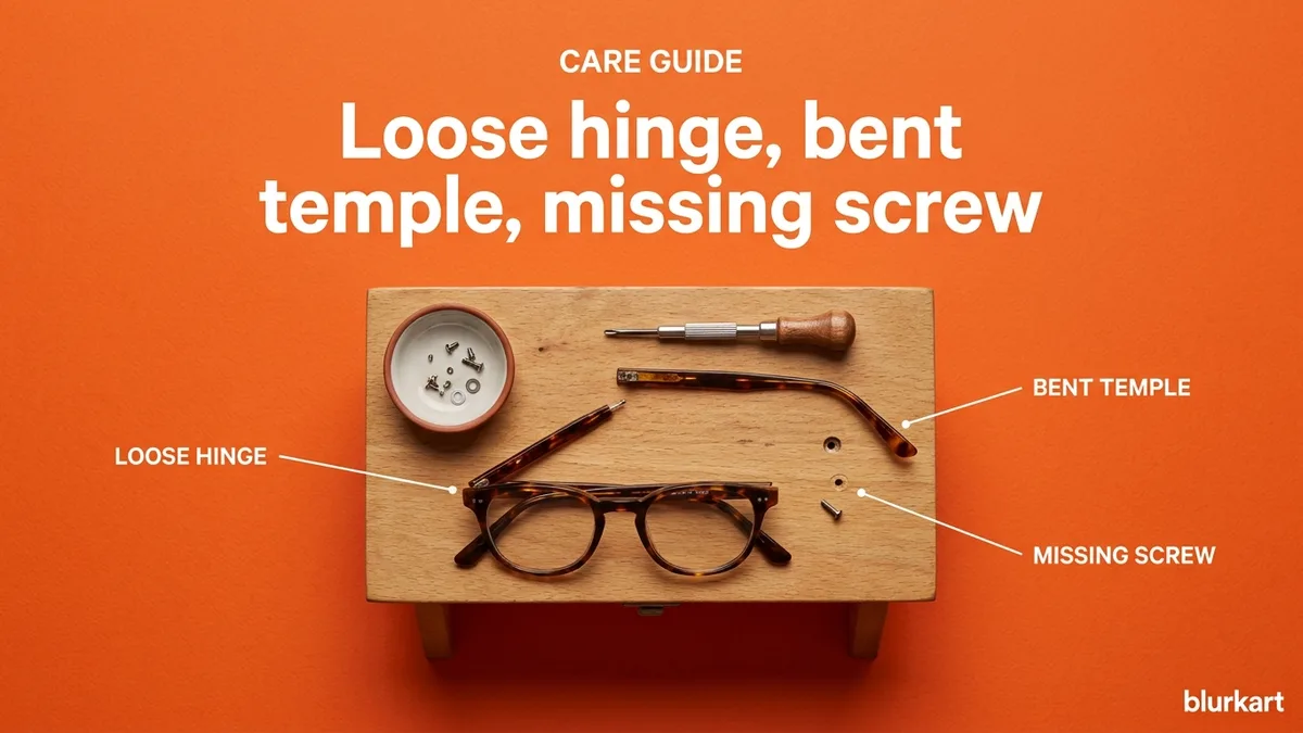 Loose hinge on glasses, bent temple, missing screw
